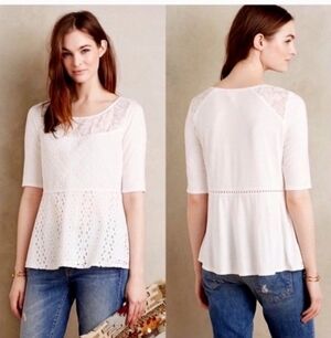 Tiny Anthro Amelia White Lace Eyelet Peplum Boho Top Sz S